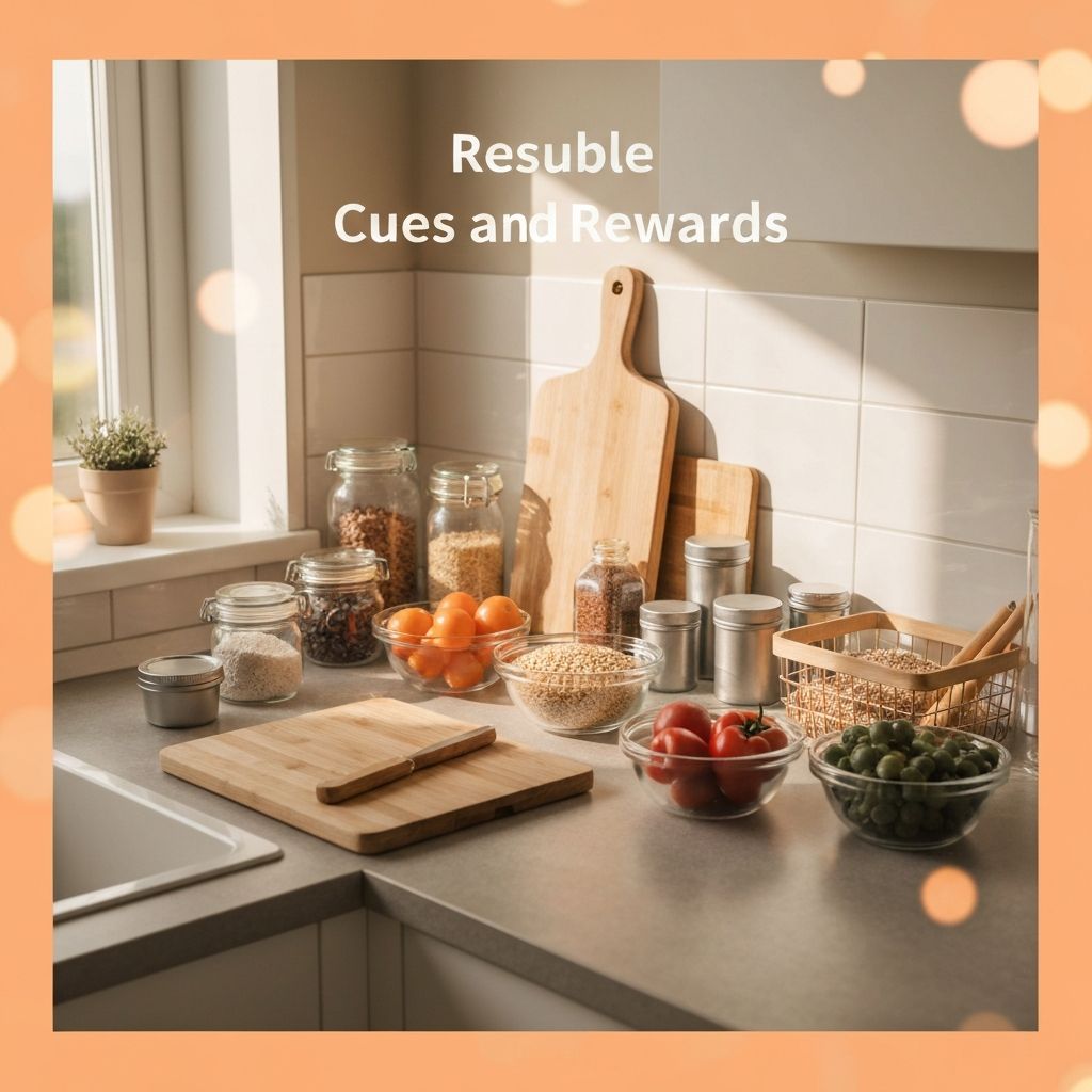 Kitchen counter with organized ingredients showing cues and rewards concept