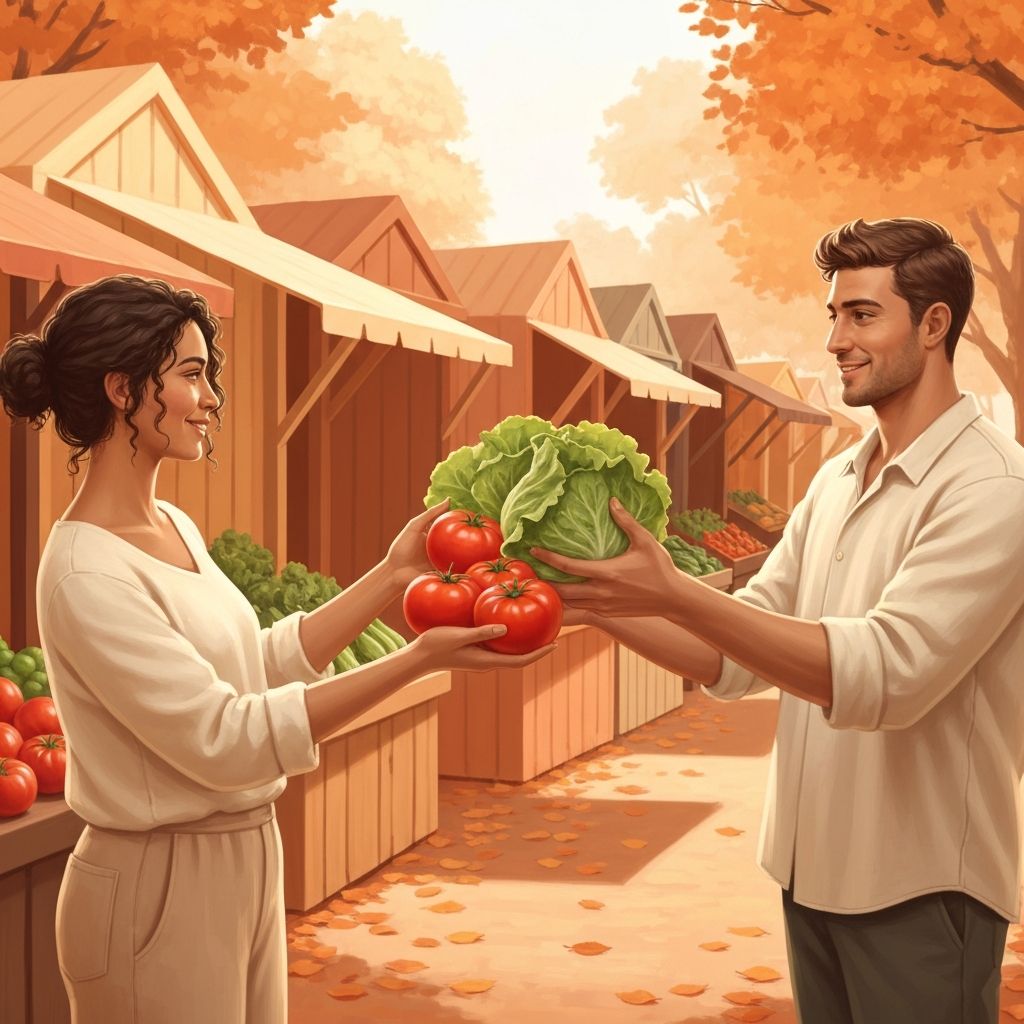 Warm scene of hands passing fresh produce showing social connection and community